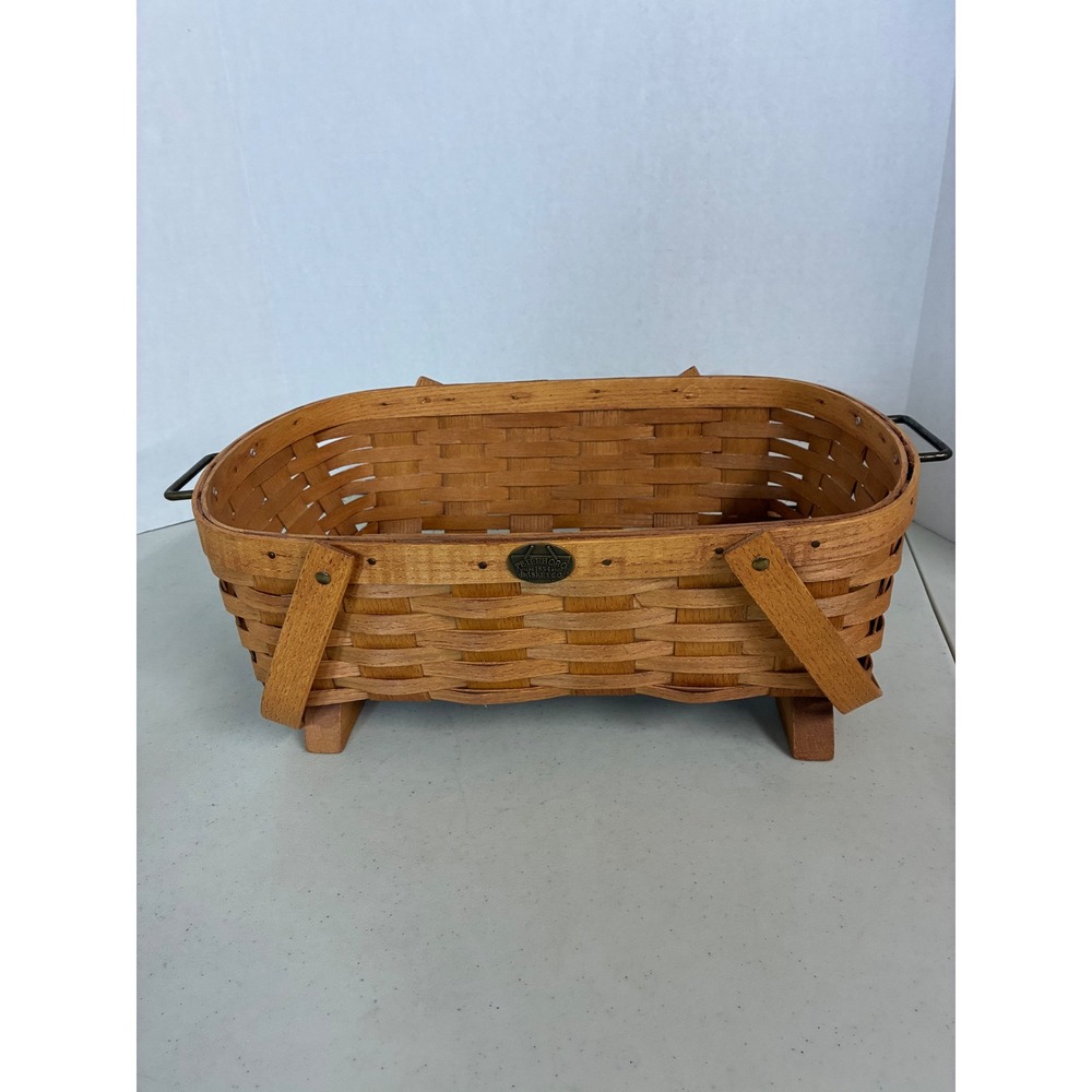 Peterboro Basket Co Woven Wood Footed Storage Basket‎ with Metal Handles USA